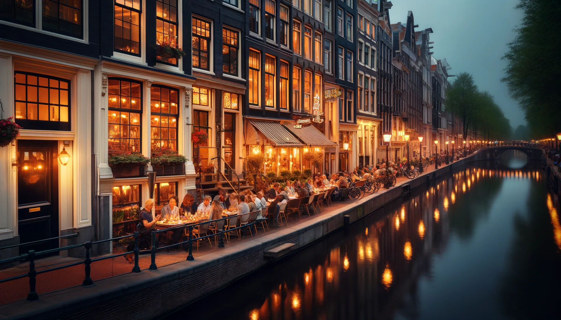 Вид улицы Амстердама с рядом уютных ресторанов вечером