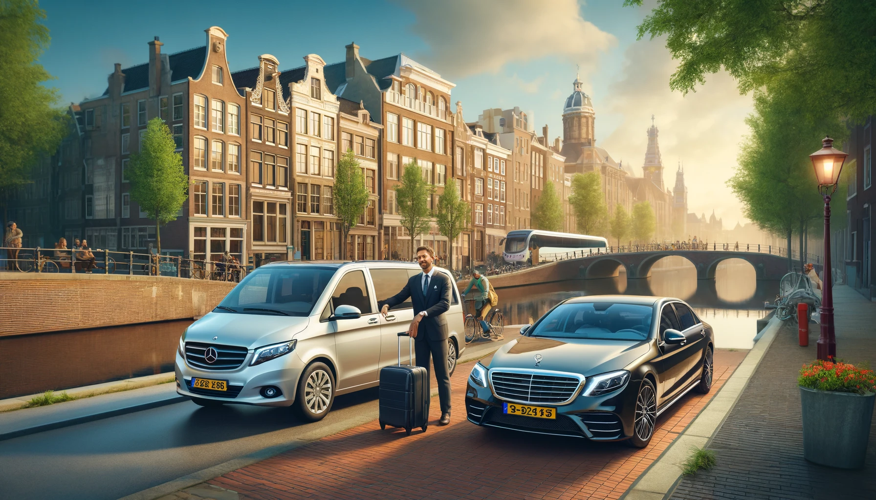 A business professional standing beside luxury vehicles in Amsterdam, with historic buildings and a canal in the background.